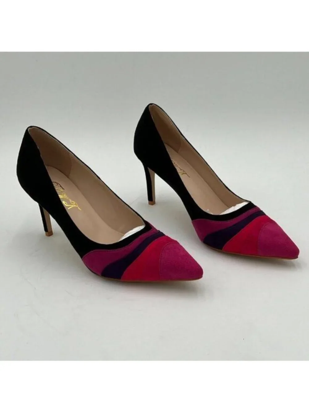 FOWT Black Rainbow Color Stripes High Heel Pumps Slip on Pointed Toe Office Shoe